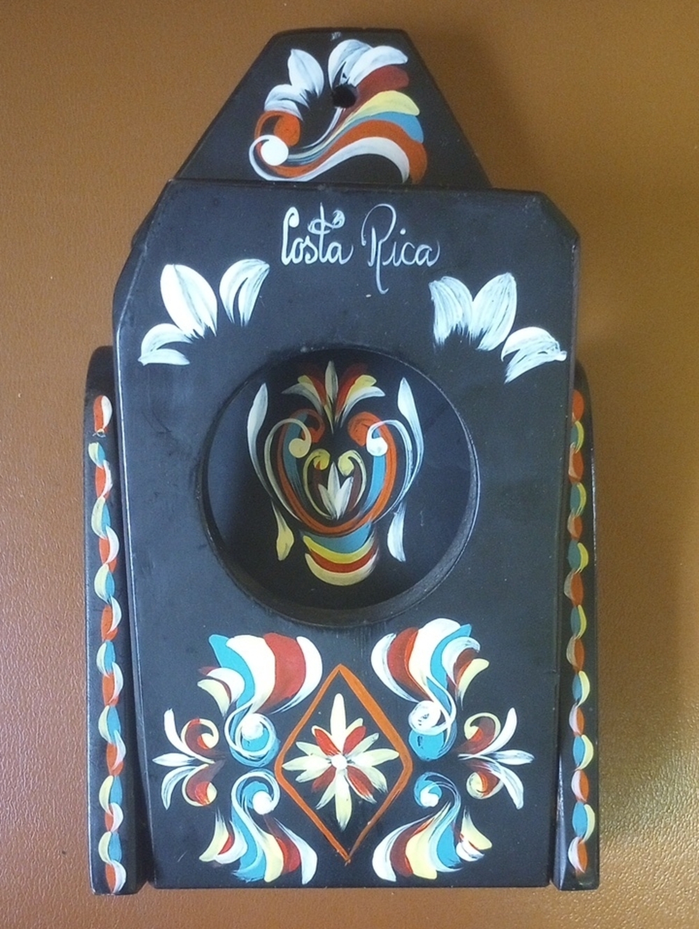Costa Rica Colorful Hand-Painted Wooden Wall Pocket. Black Red Blue Yellow White
